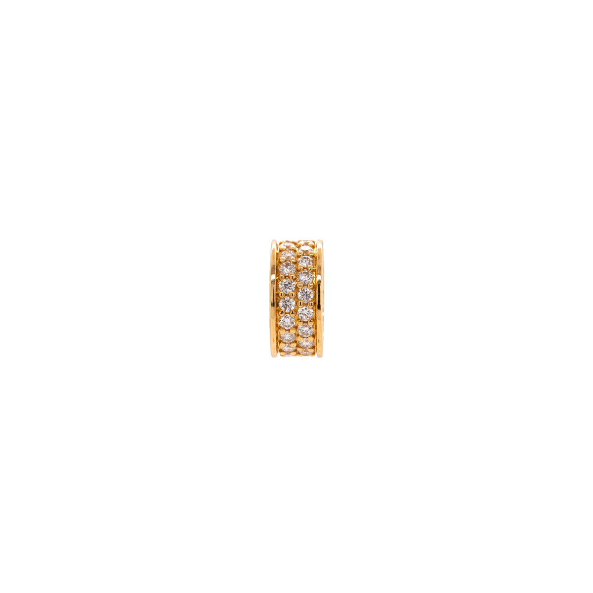 Pavé Diamond Rondelle, Gold rondelle with embedded white stones on a white background