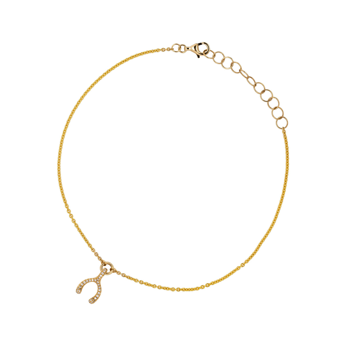 Pavé Diamond Wishbone Anklet: 14K gold anklet with a small diamond wishbone pendant on a white background