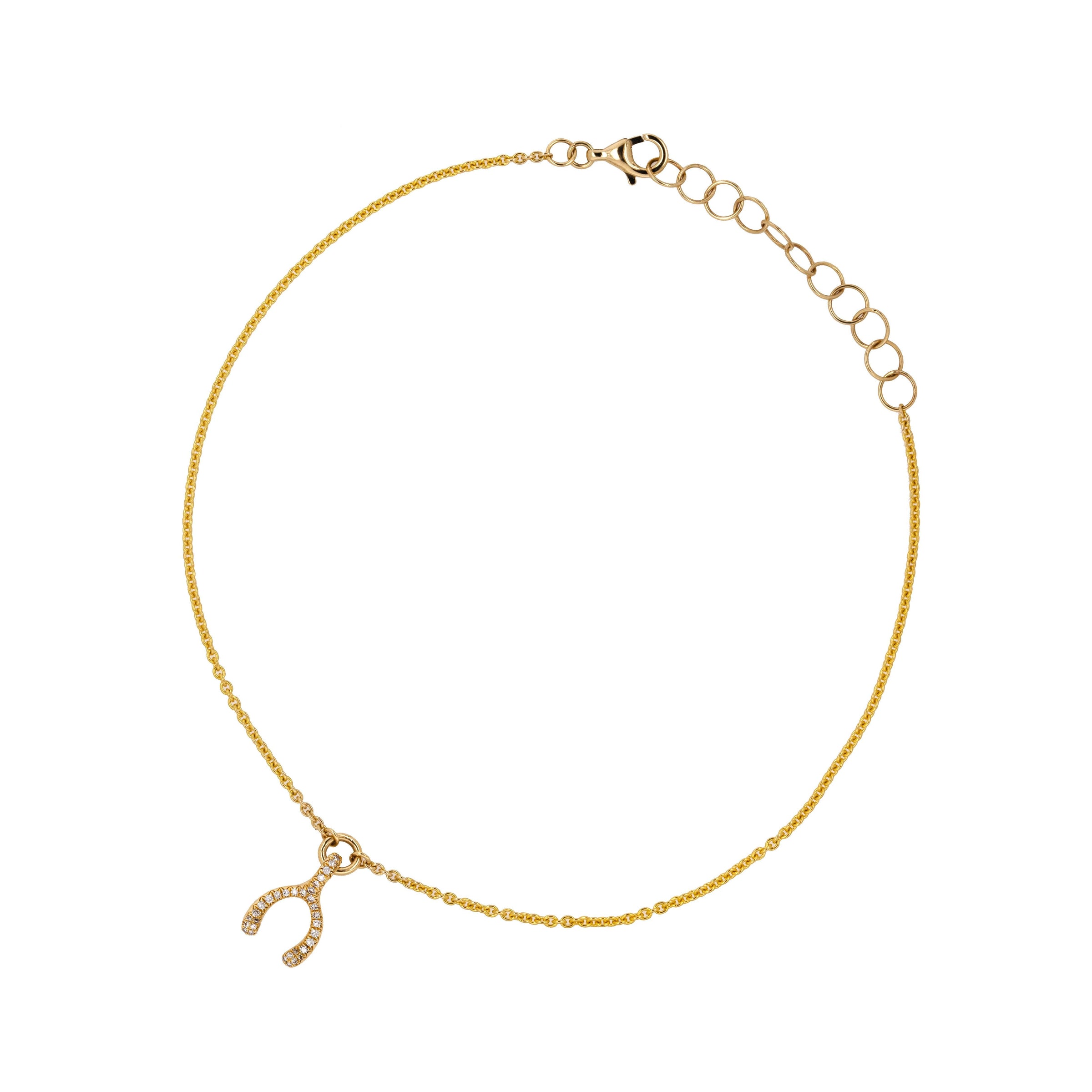 Pavé Diamond Wishbone Anklet: 14K gold anklet with a small diamond wishbone pendant on a white background