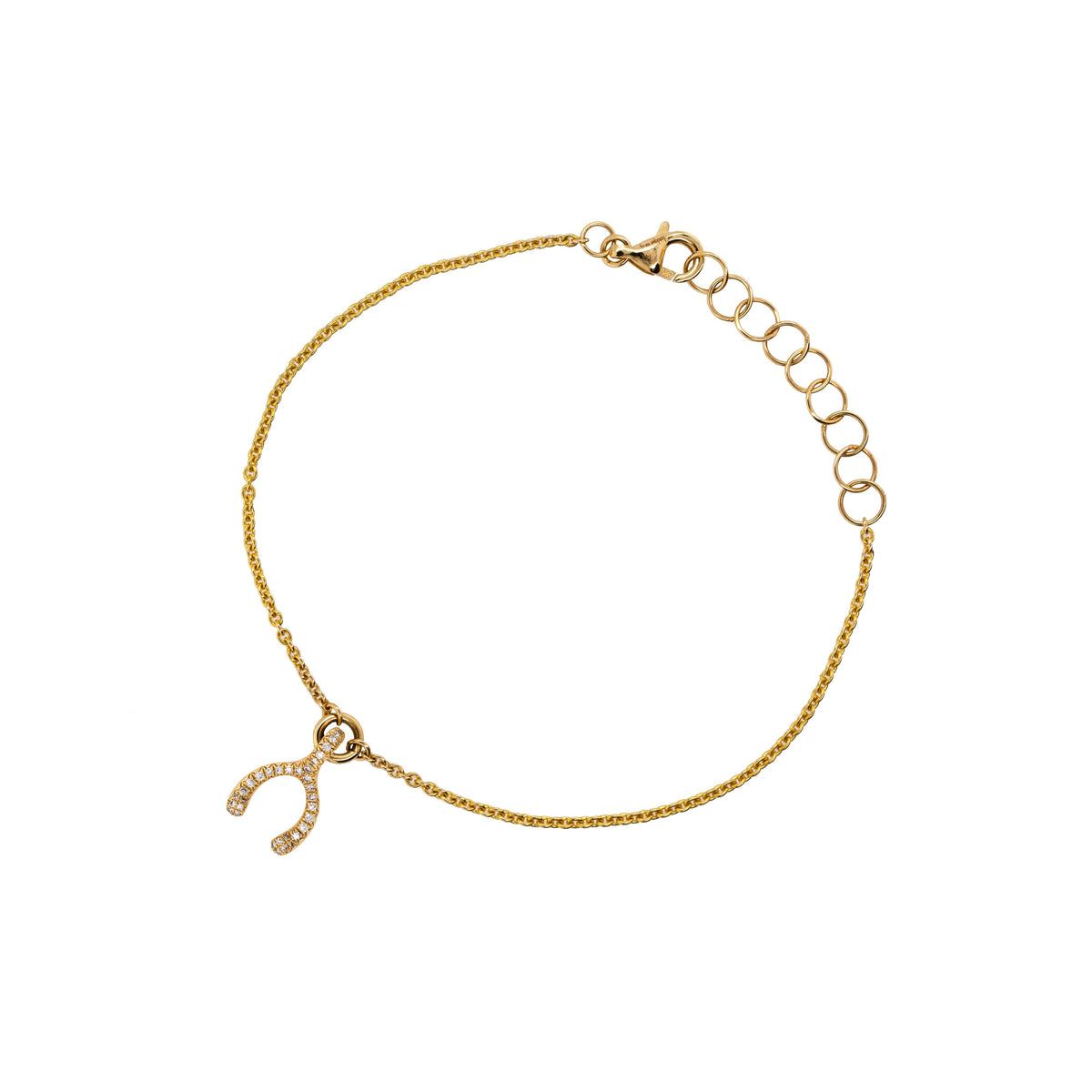 Pavé Diamond Wishbone Bracelet: 14K gold bracelet with a small diamond wishbone pendant on a white background