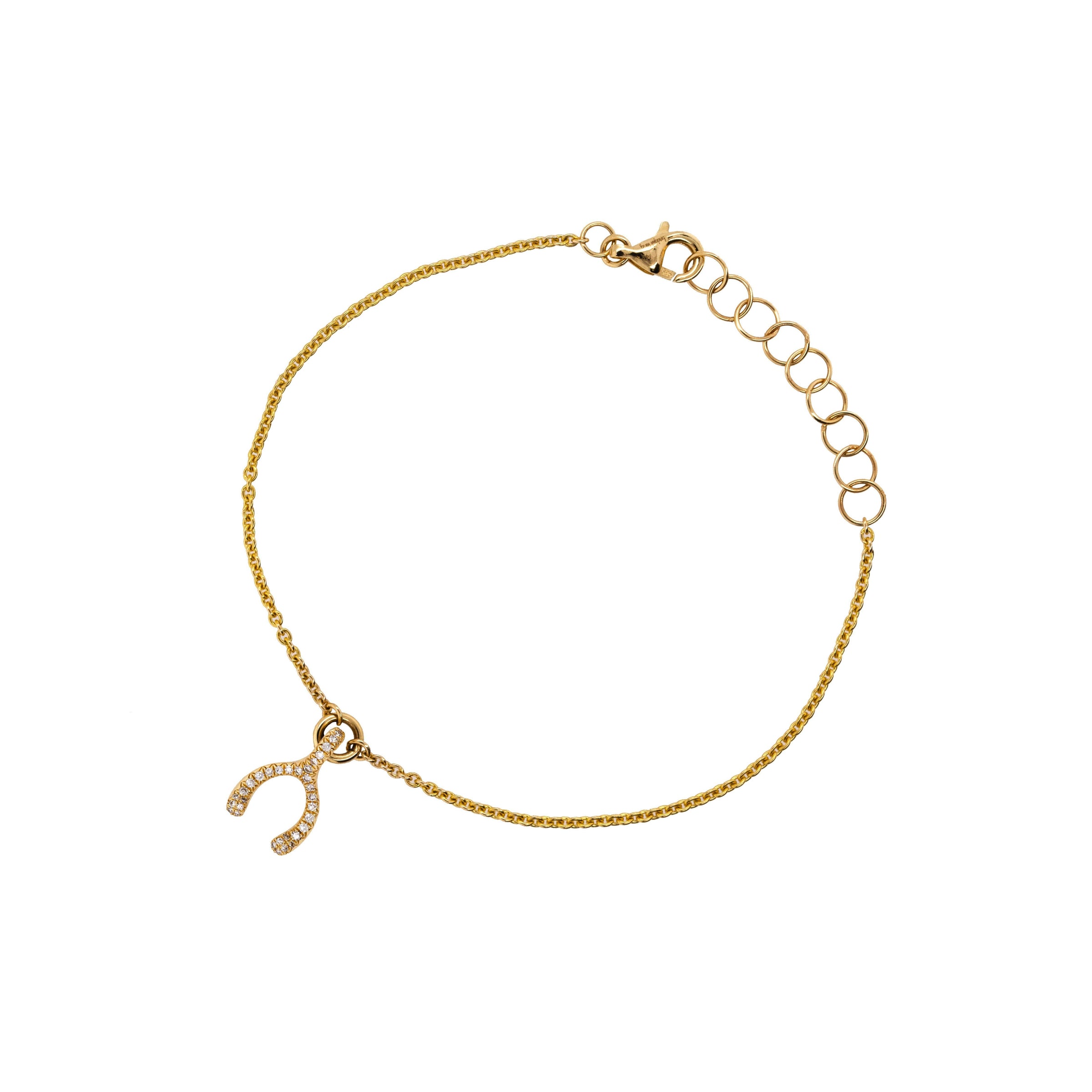 Pavé Diamond Wishbone Bracelet: 14K gold bracelet with a small diamond wishbone pendant on a white background