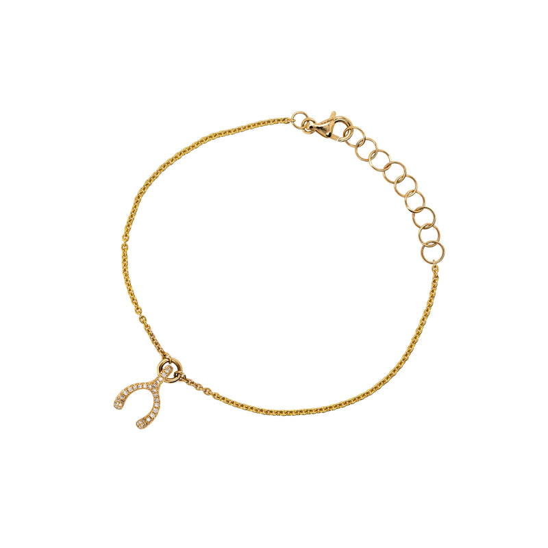 Pavé Diamond Wishbone Bracelet: 14K gold bracelet with a small diamond wishbone pendant on a white background