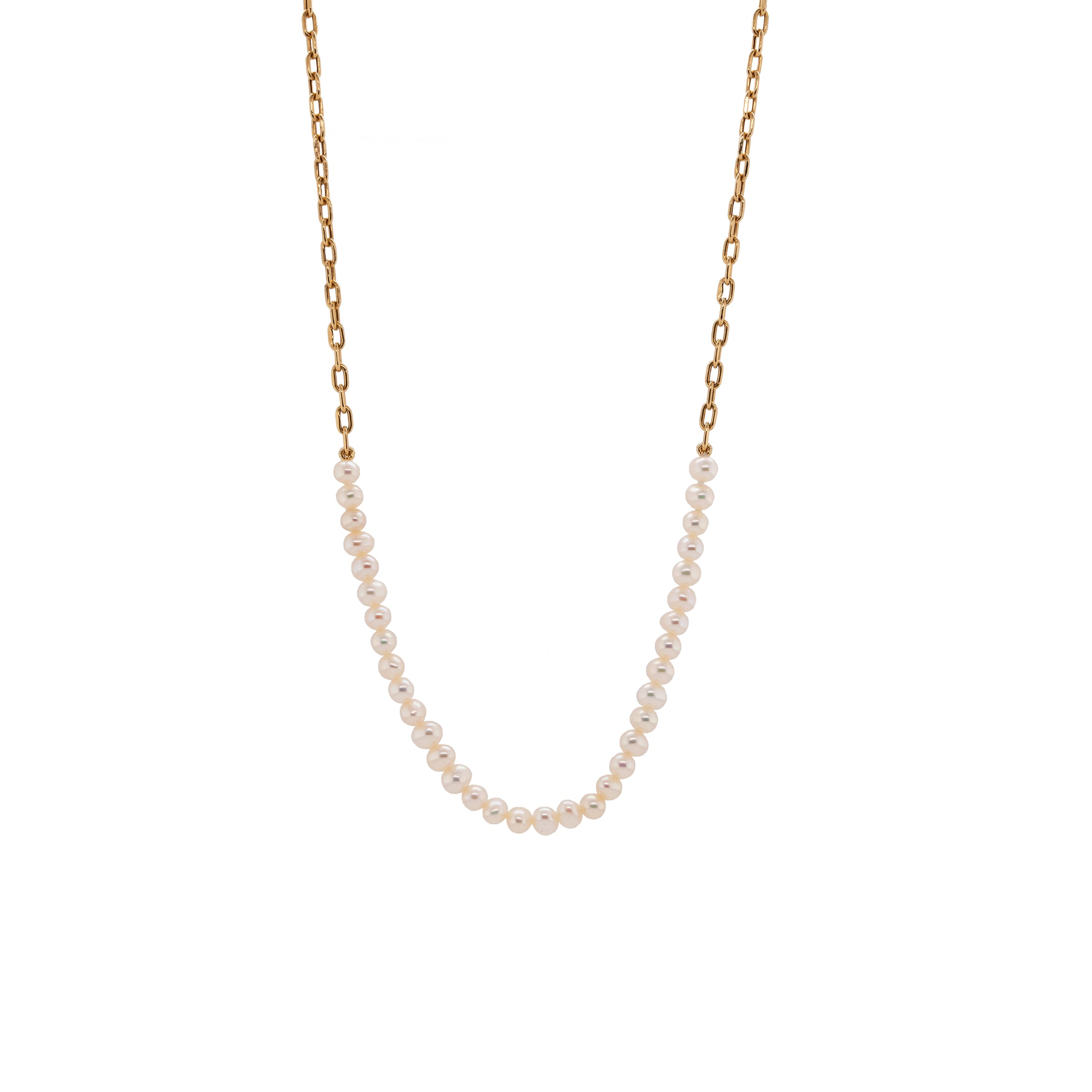 Pearl Row Necklace: A 14K gold necklace with freshwater pearls, featuring a lobster clasp fastening.