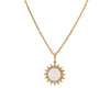 Pearl Sunburst Necklace:  14K yellow gold chain necklace with a pearl sunburst pendant featuring a central pearl surrounded by a sun-like design with diamond accents.
