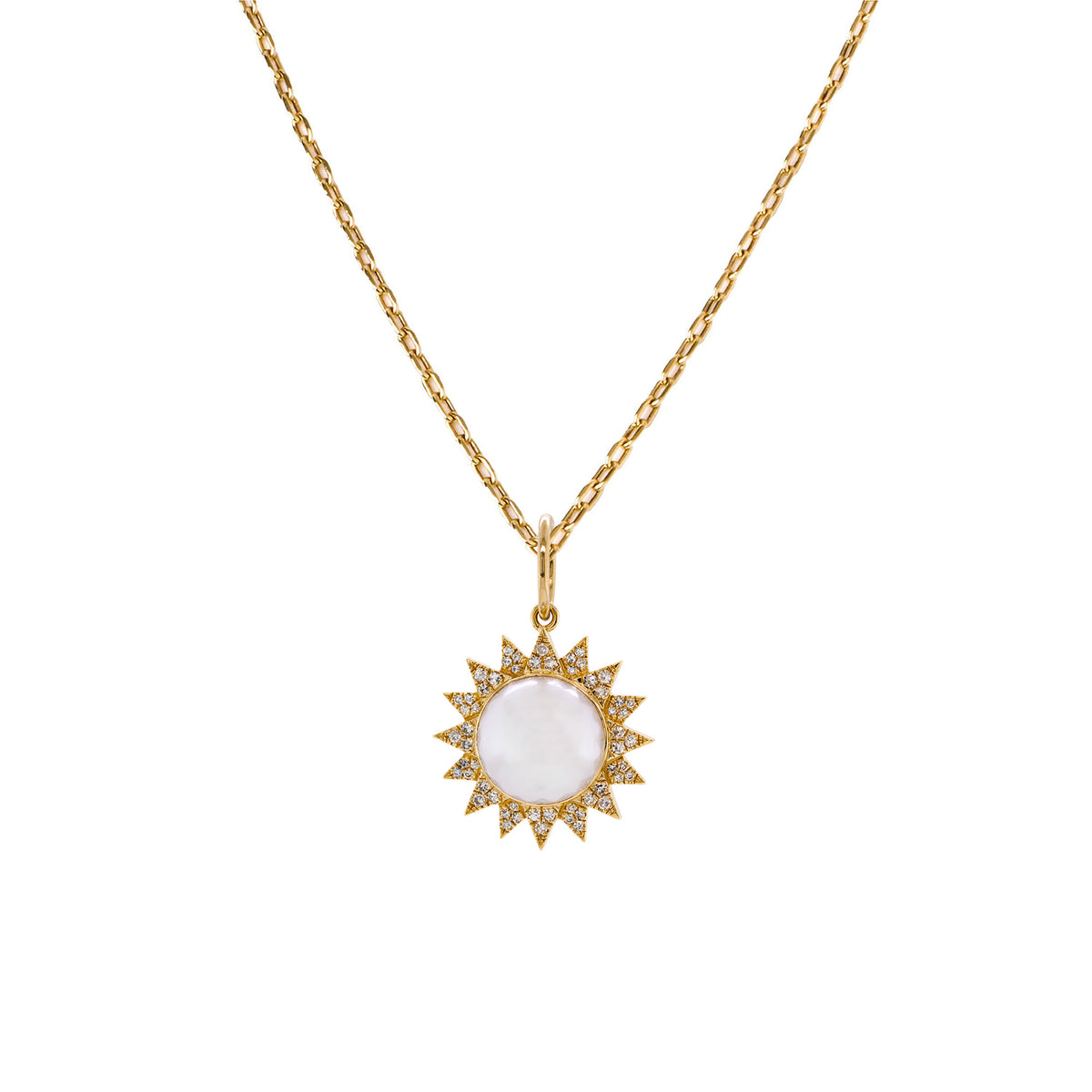 Pearl Sunburst Necklace:  14K yellow gold chain necklace with a pearl sunburst pendant featuring a central pearl surrounded by a sun-like design with diamond accents.
