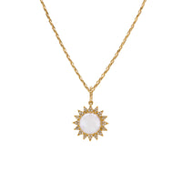 Pearl Sunburst Necklace:  14K yellow gold chain necklace with a pearl sunburst pendant featuring a central pearl surrounded by a sun-like design with diamond accents.