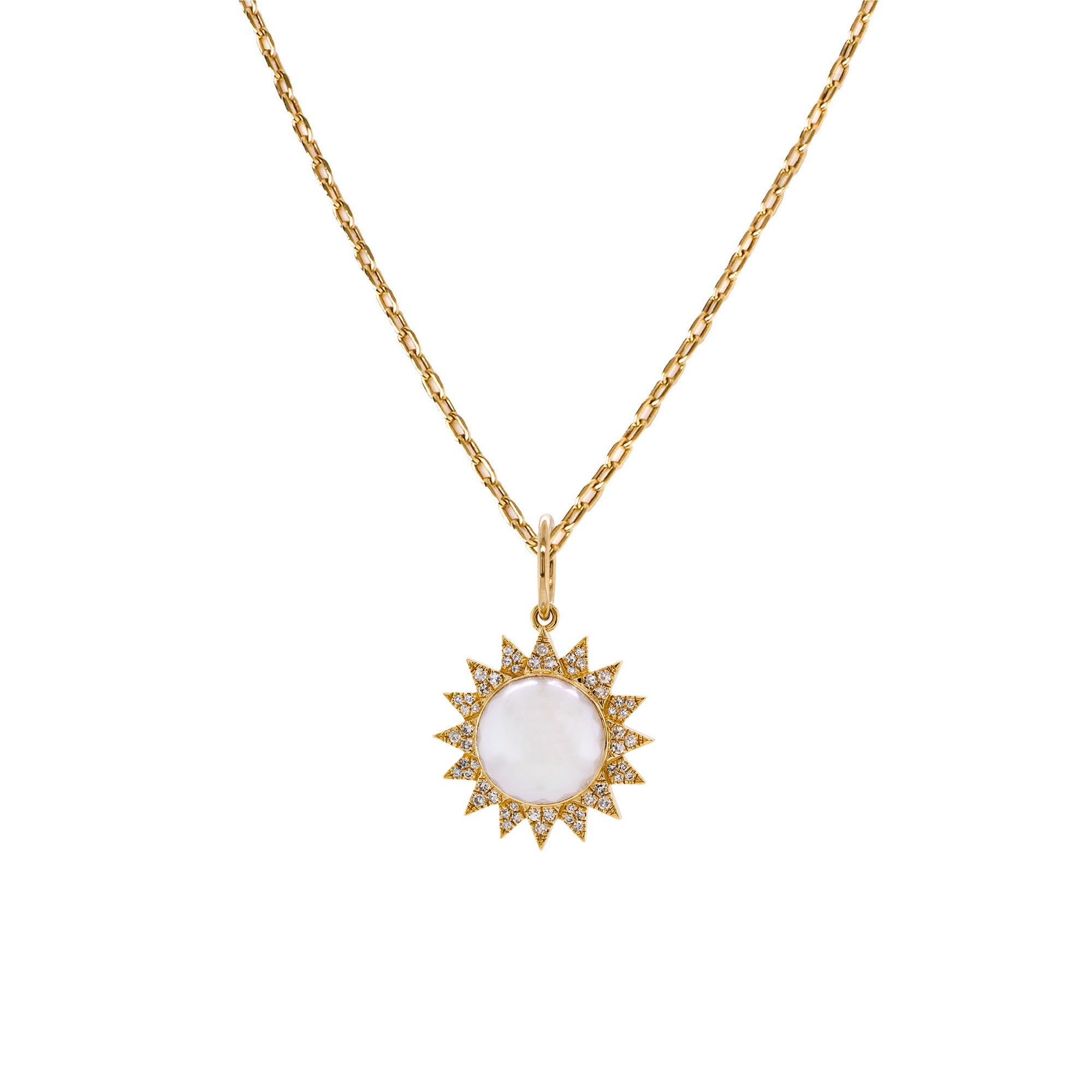 Pearl Sunburst Necklace:  14K yellow gold chain necklace with a pearl sunburst pendant featuring a central pearl surrounded by a sun-like design with diamond accents.