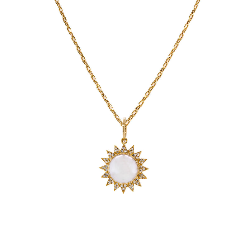 Pearl Sunburst Necklace:  14K yellow gold chain necklace with a pearl sunburst pendant featuring a central pearl surrounded by a sun-like design with diamond accents.