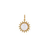 14K yellow gold pearl sunburst pendant featuring a central pearl surrounded by a sun-like design with diamond accents.