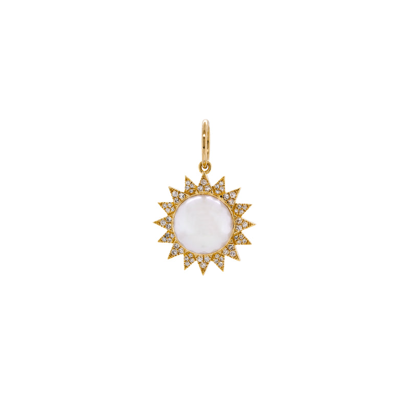 14K yellow gold pearl sunburst pendant featuring a central pearl surrounded by a sun-like design with diamond accents.