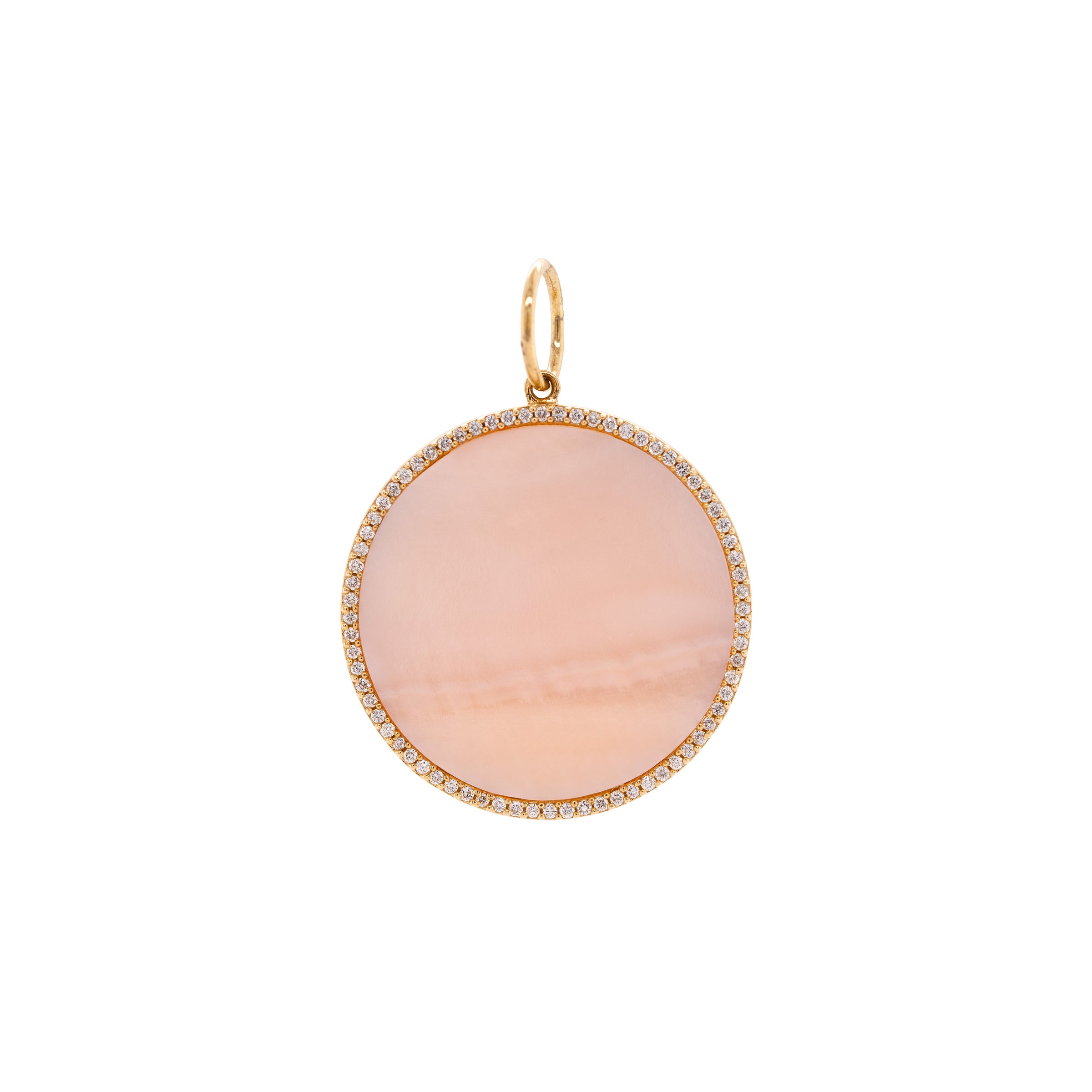 Large Mother-of-Pearl Medallion: 14K gold medallion pendant with a Mother-of-Pearl surrounded by diamonds