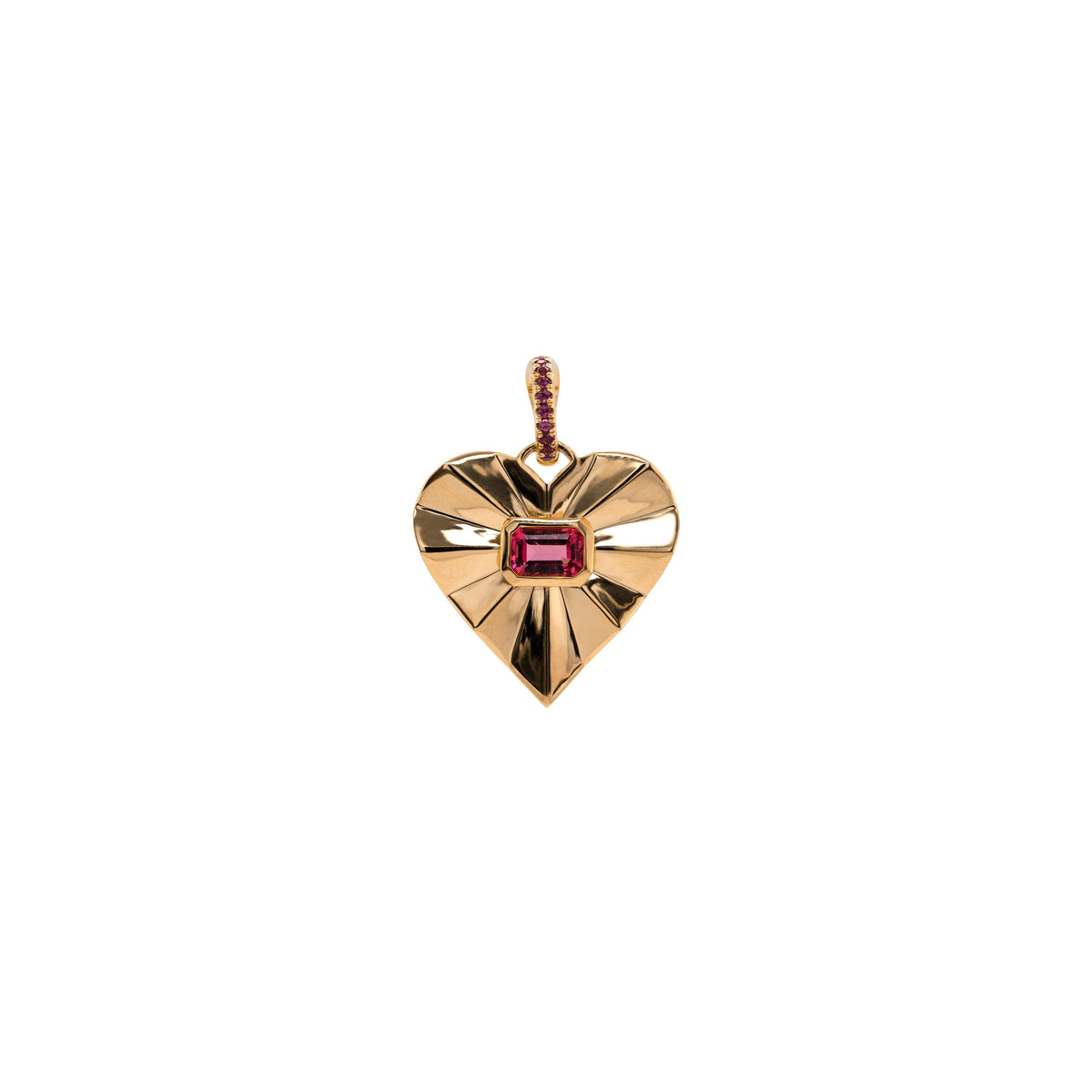 Pink Tourmaline Spiral Heart Pendant: 14K gold charm in the shape of a heart with a center red gemstone and an openable bail with red gemstones on a white background