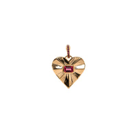 Pink Tourmaline Spiral Heart Pendant: 14K gold charm in the shape of a heart with a center red gemstone and an openable bail with red gemstones on a white background