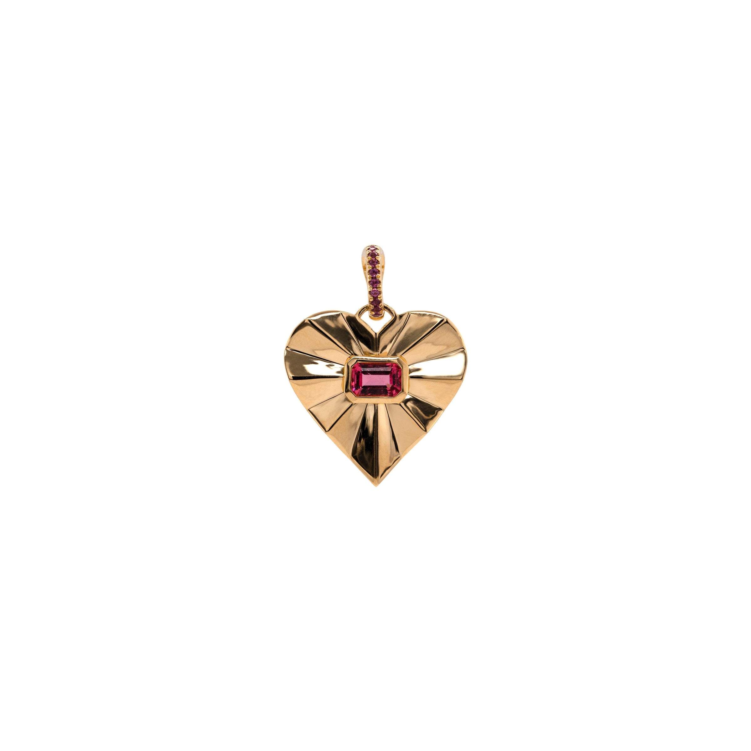 Pink Tourmaline Spiral Heart Pendant: 14K gold charm in the shape of a heart with a center red gemstone and an openable bail with red gemstones on a white background