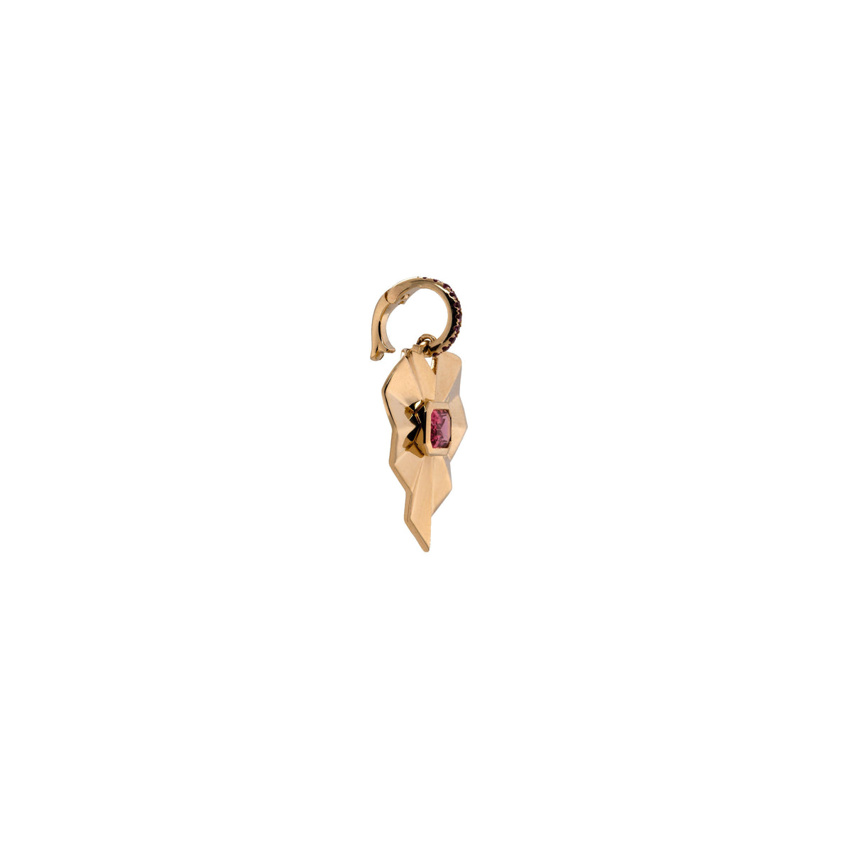 Pink Tourmaline Spiral Heart Pendant: 14K gold charm in the shape of a heart with a center red gemstone and an openable bail with red gemstones on a white background