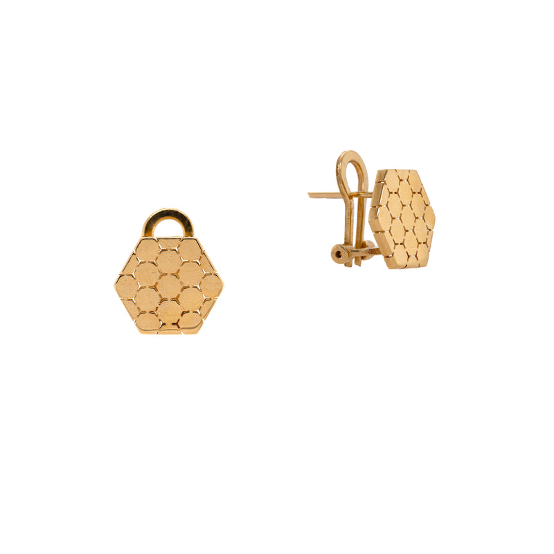 Prism Clip Earrings: A pair of 14K gold clip earrings with a textured surface.
