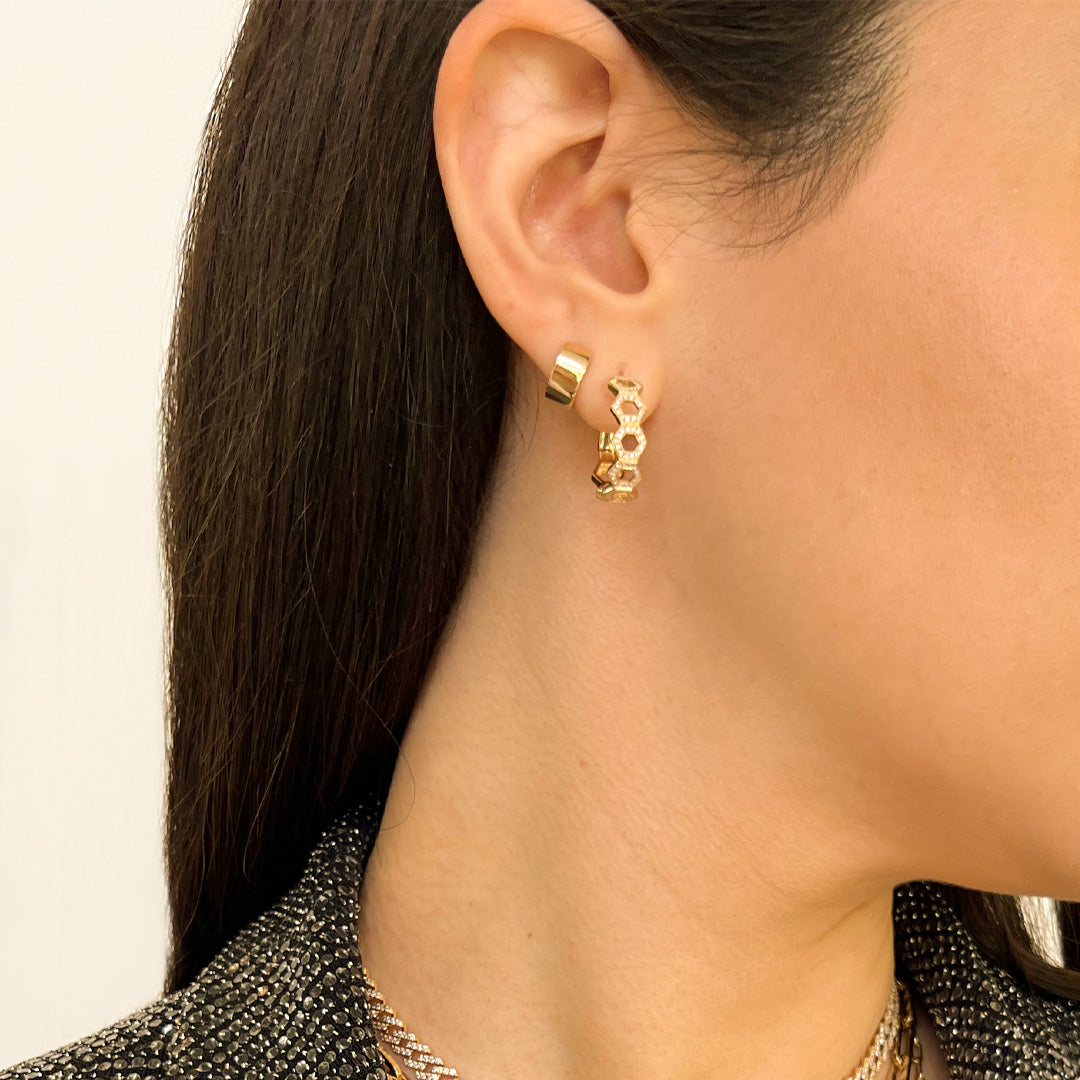 Close up of the Prism Hoops and 10mm Chubby Huggies on the ear