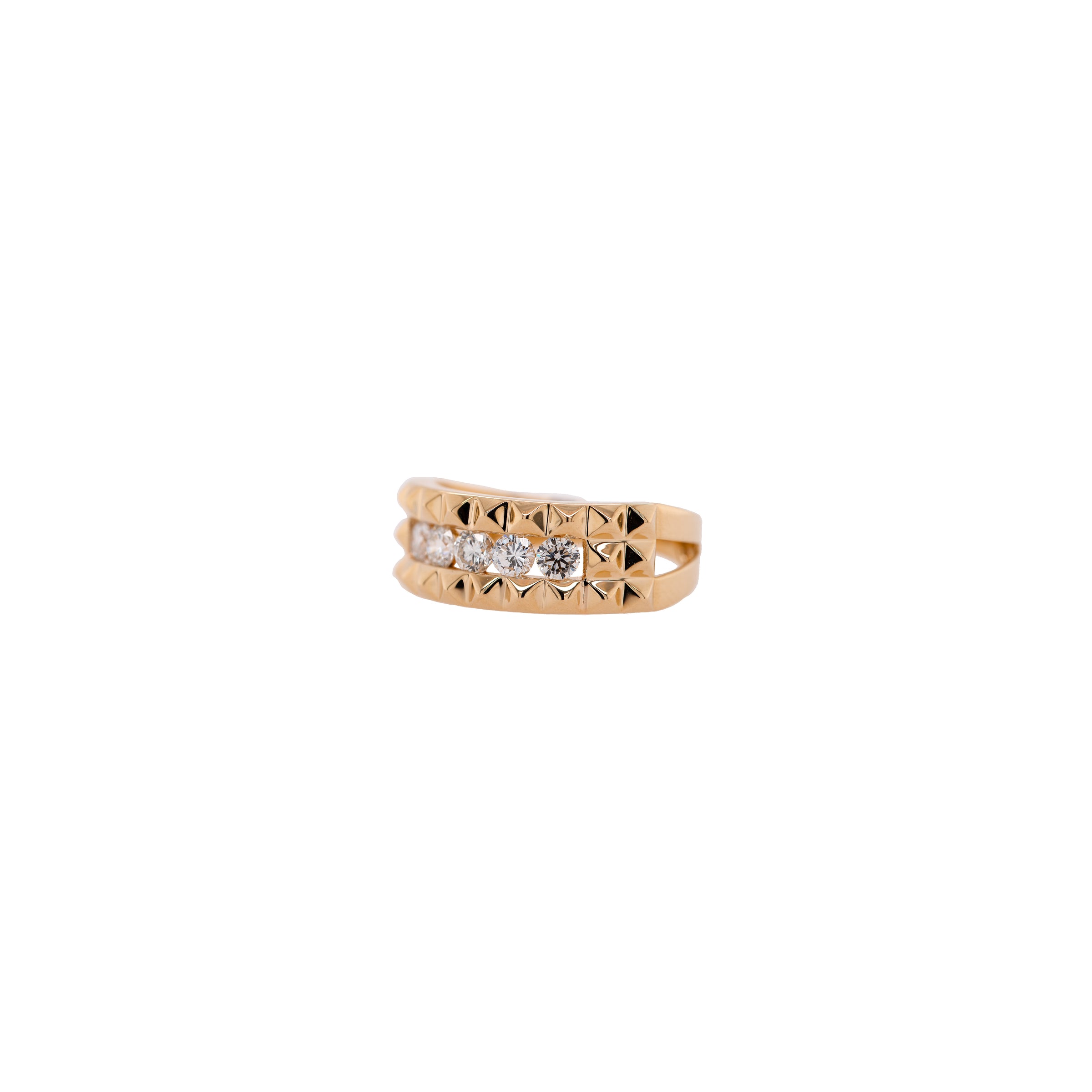 Prism Rock Band: A 14K gold diamond band ring with multiple stones set in the center.