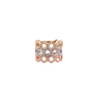 All three Prism Stackable Rings stacked: A 14K gold, intricately designed stackable ring with a geometric pattern.