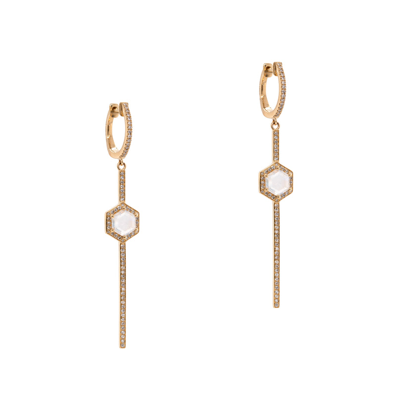 Prism Stick Earrings: A pair of 14K gold huggie earrings attached to stick-design drops with rainbow moonstone and diamond.