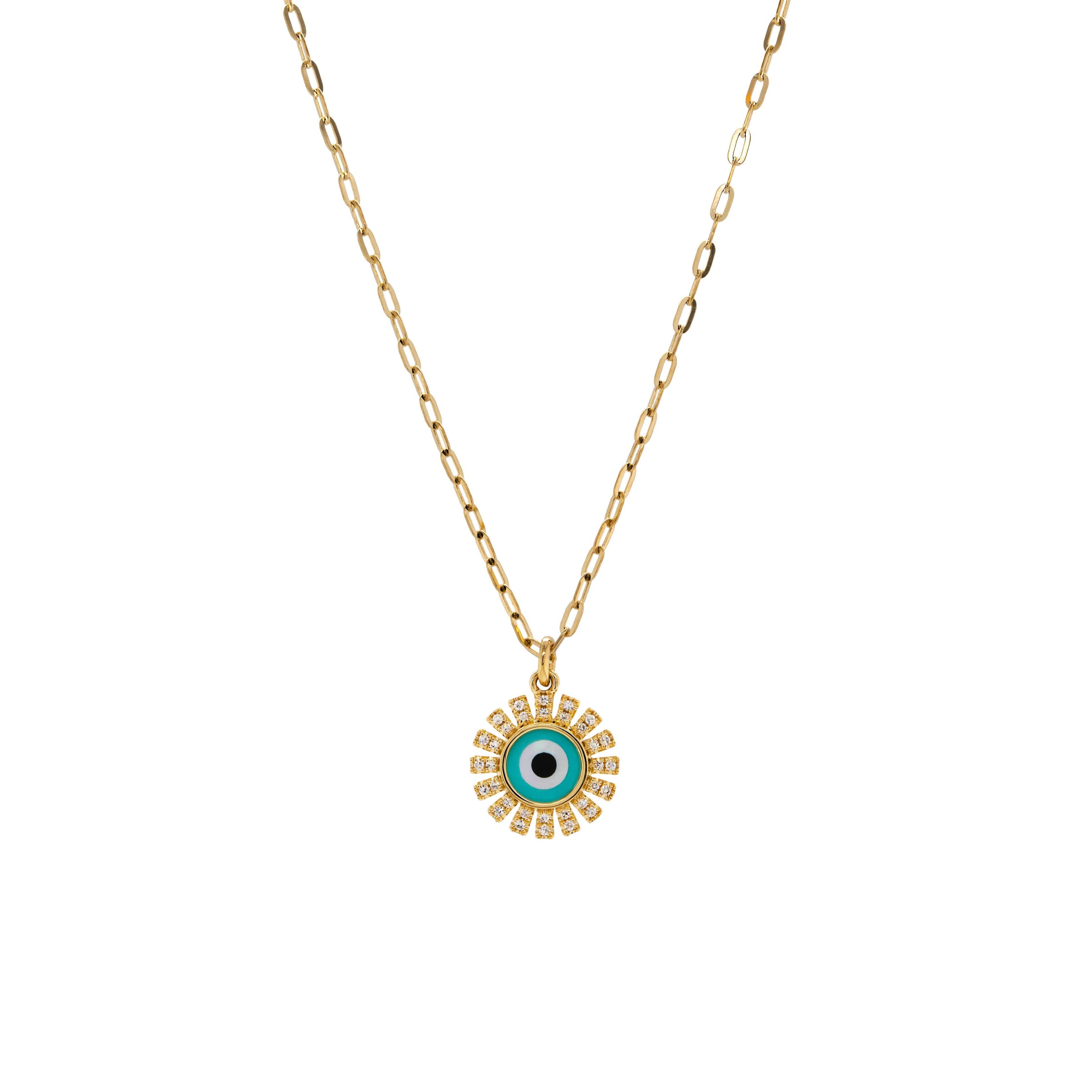 Radiating Evil Eye Necklace: 14K gold necklace with a circular evil eye with diamond sunrays pendant on a white background