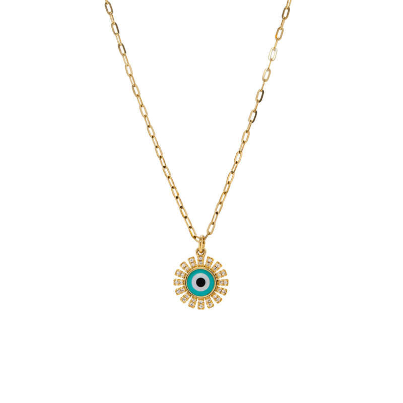 Radiating Evil Eye Necklace: 14K gold necklace with a circular evil eye with diamond sunrays pendant on a white background