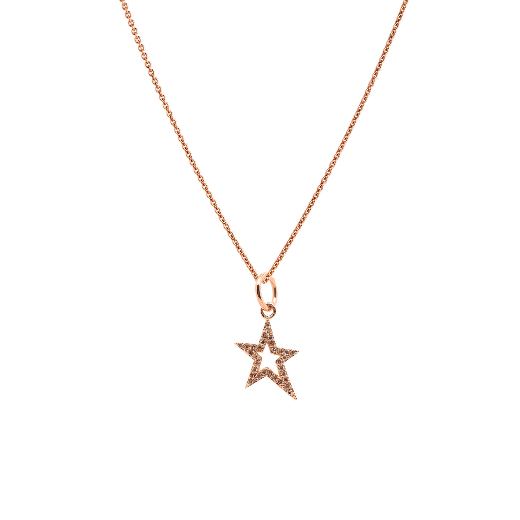 Rose Gold Baby Hollow Diamond Star Necklace: A 14K gold pendant in the shape of a hollow star with small diamonds, attached to a gold chain.