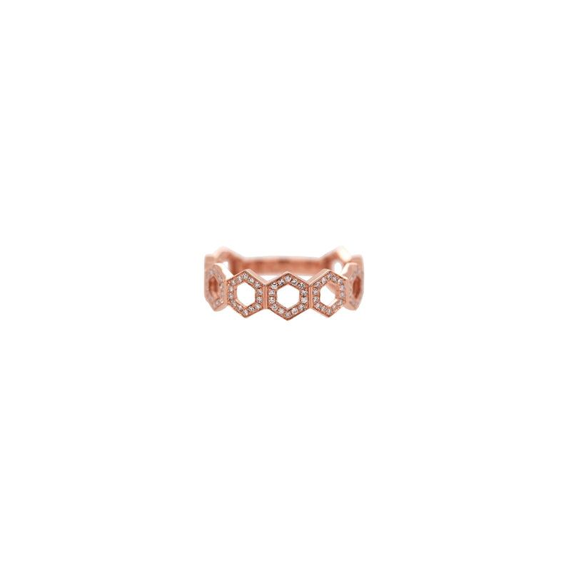 Rose Gold Prism Stackable Rings: A 14K gold, intricately designed stackable ring with a geometric pattern.