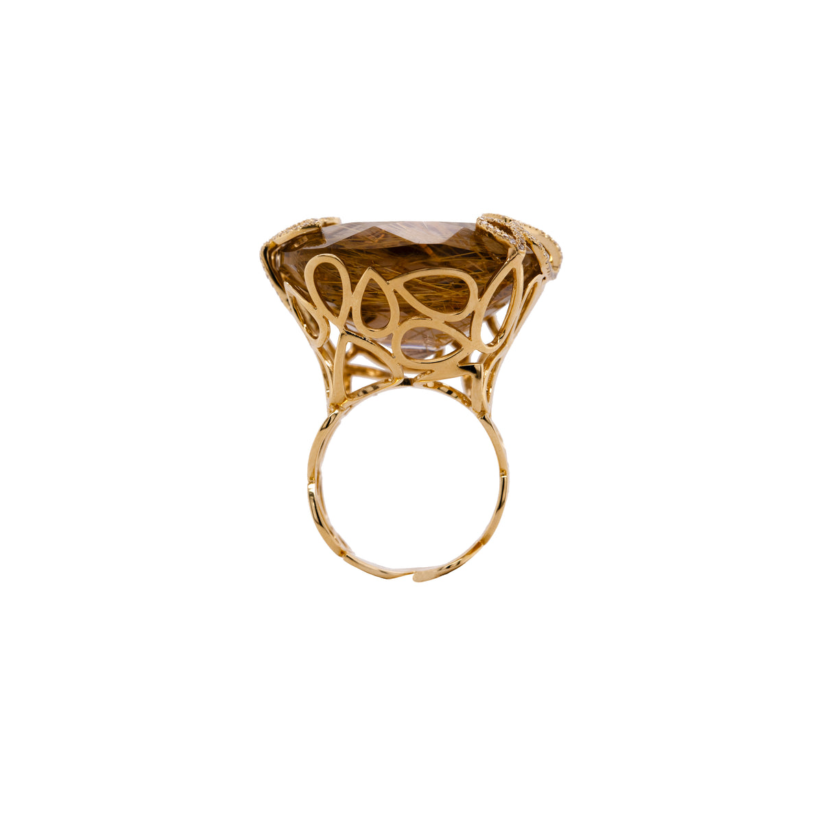 Rutilated Cocktail Ring: A 14K gold cocktail ring featuring a large rutilated quartz centerpiece with a yellow band.