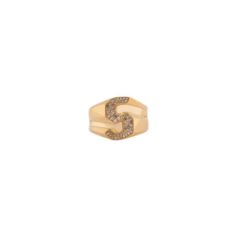 "S" Alphabet Signet Ring: A 14K gold signet ring with a letter 'S' design, set with small diamonds.