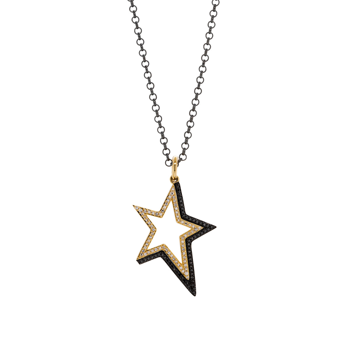 Shadow Hollow Star Necklace: A 14K yellow gold pendant in the shape of a hollow star with black and white diamonds on a chain.