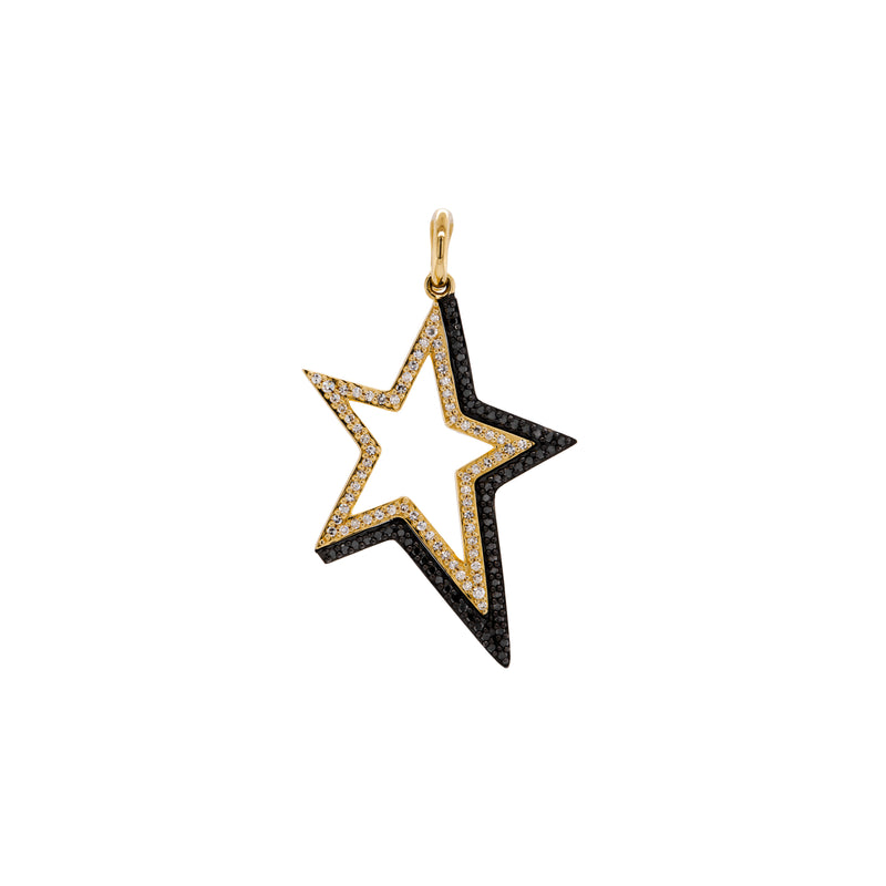 Shadow Hollow Star Pendant: A yellow gold pendant in the shape of a hollow star with black and white diamonds on a chain.