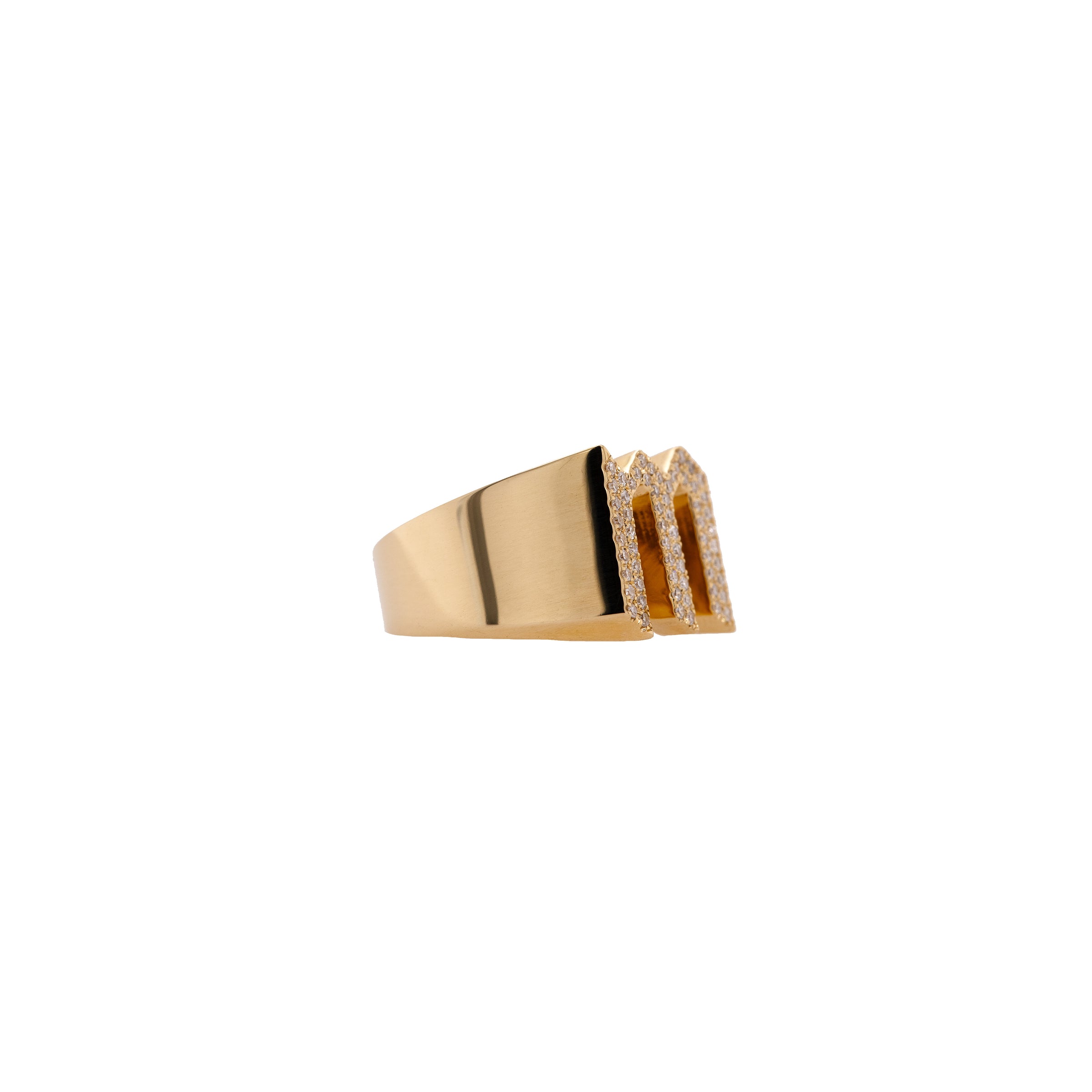 Side view of "M" Alphabet Signet Ring: A 14K gold signet ring with a letter 'M' design, set with small diamonds.