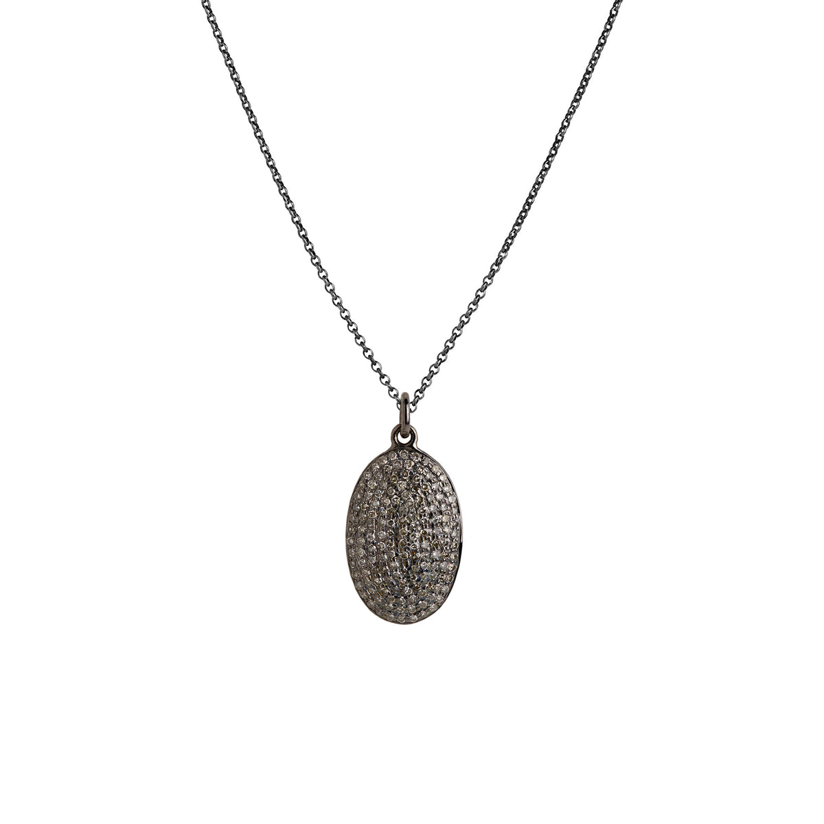 Silver Oblong Pave Diamond Necklace: An oxidized silver oblong pendant necklace with a pave diamond design on a chain.