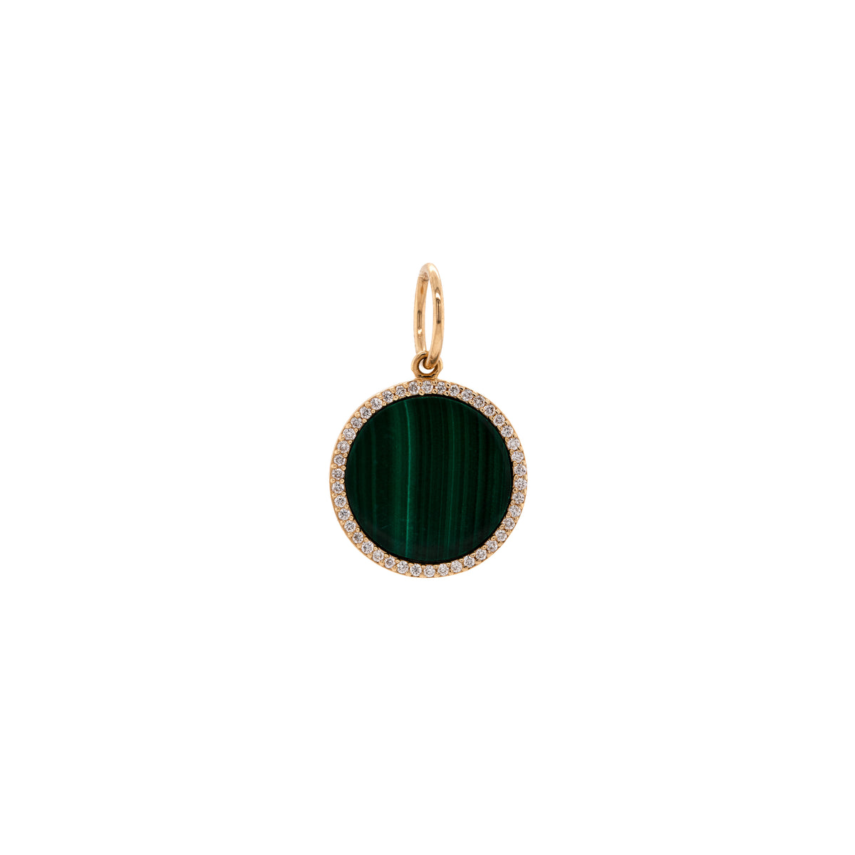 Small Malachite Medallion: A gold round medallion with a green malachite stone in the center, surrounded by smaller diamonds .
