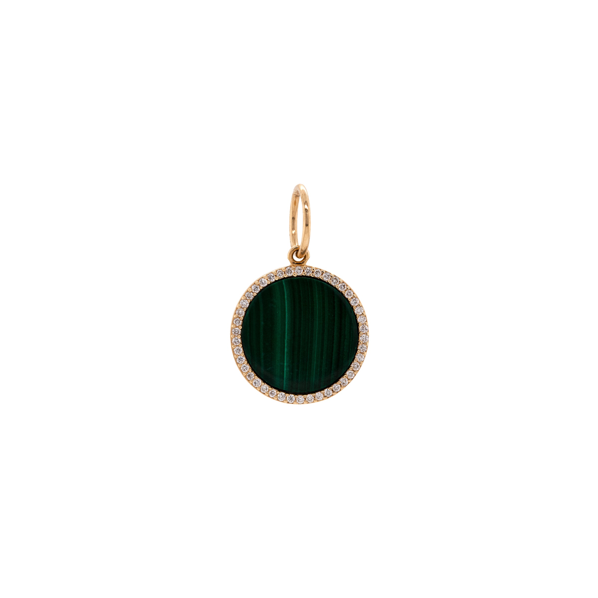Small Malachite Medallion: A gold round medallion with a green malachite stone in the center, surrounded by smaller diamonds .