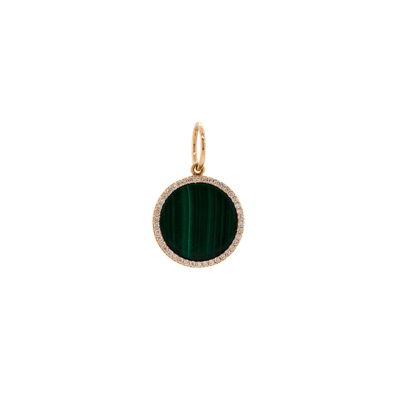 Small Malachite Medallion: A gold round medallion with a green malachite stone in the center, surrounded by smaller diamonds .