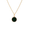 Small Malachite MedallionNecklace: A gold necklace featuring a round medallion with a green malachite stone in the center, surrounded by smaller diamonds with a chain.