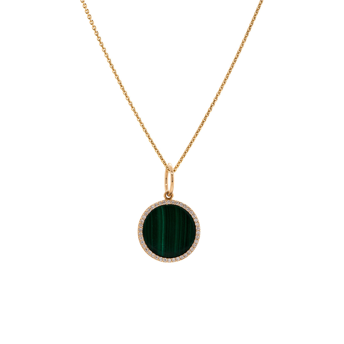 Small Malachite MedallionNecklace: A gold necklace featuring a round medallion with a green malachite stone in the center, surrounded by smaller diamonds with a chain.