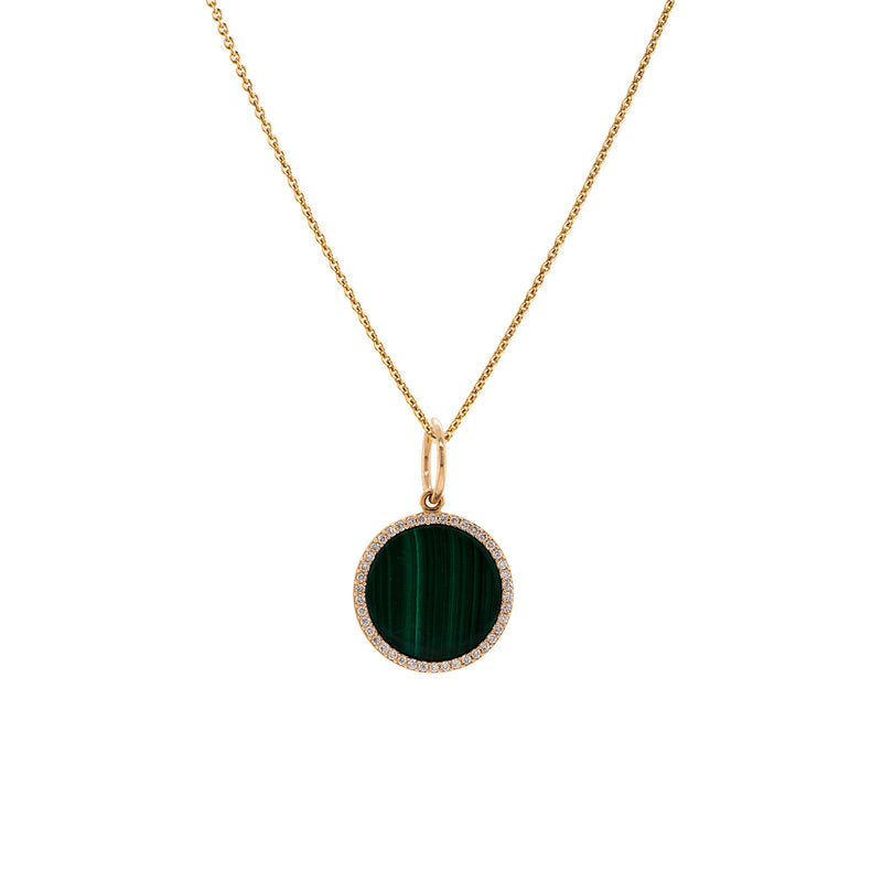 Small Malachite MedallionNecklace: A gold necklace featuring a round medallion with a green malachite stone in the center, surrounded by smaller diamonds with a chain.