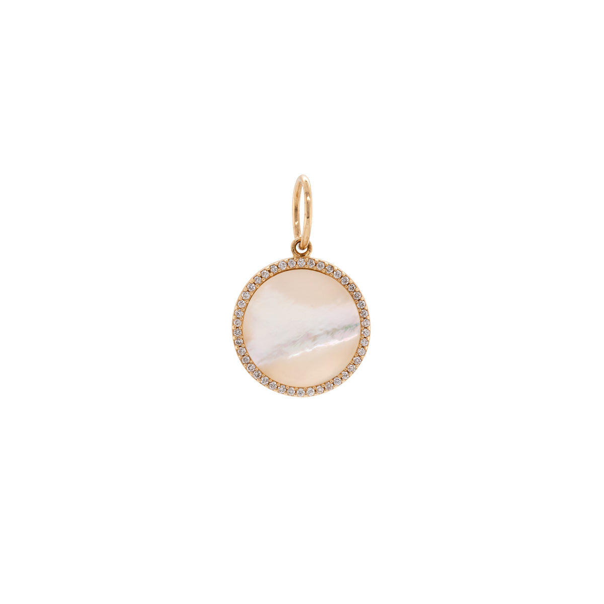 Small Mother-of-pearl Medallion Necklace: A 14K gold medallion pendant featuring a central mother-of-pearl surrounded by small diamonds, with a chain.