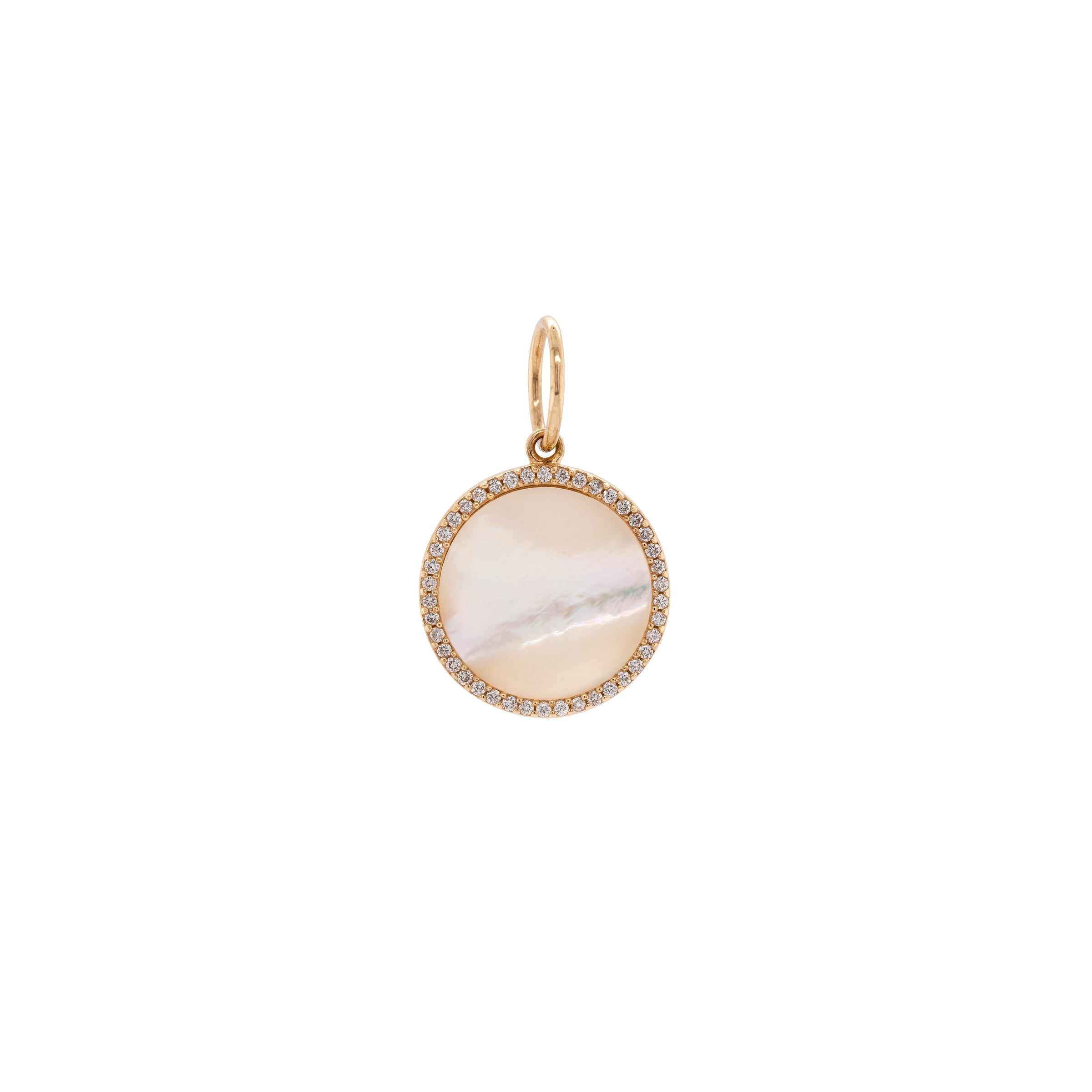 Small Mother-of-pearl Medallion Necklace: A 14K gold medallion pendant featuring a central mother-of-pearl surrounded by small diamonds, with a chain.