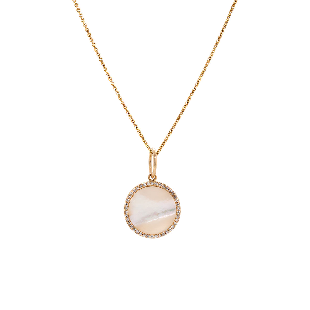 Small Mother-of-pearl Medallion Necklace: A 14K gold medallion pendant featuring a central mother-of-pearl surrounded by small diamonds, with a chain.