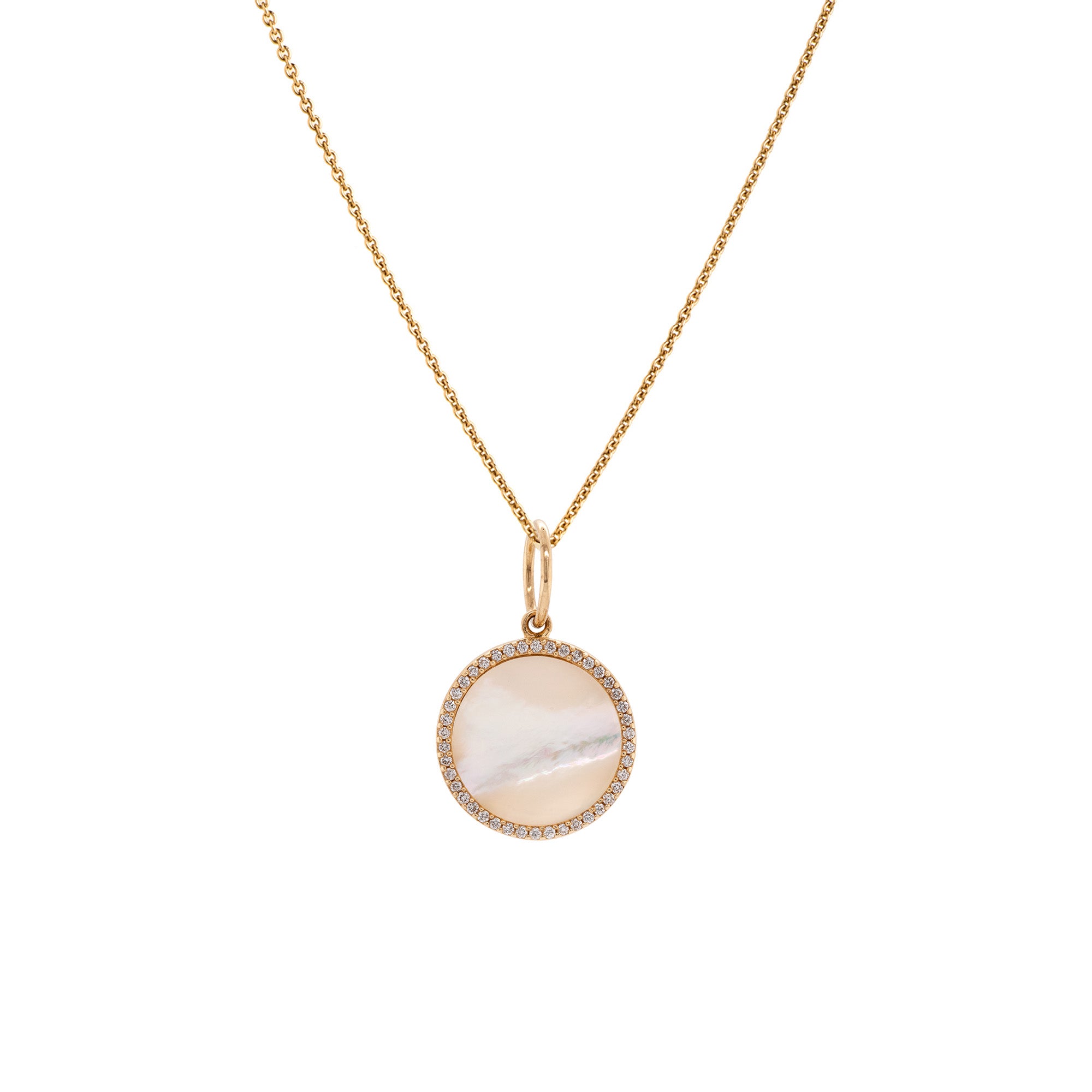 Small Mother-of-pearl Medallion Necklace: A 14K gold medallion pendant featuring a central mother-of-pearl surrounded by small diamonds, with a chain.