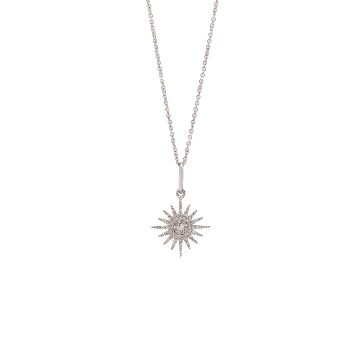 Small Sunburst Diamond Necklace: Silver necklace with a 14K white gold sunburst pendant design