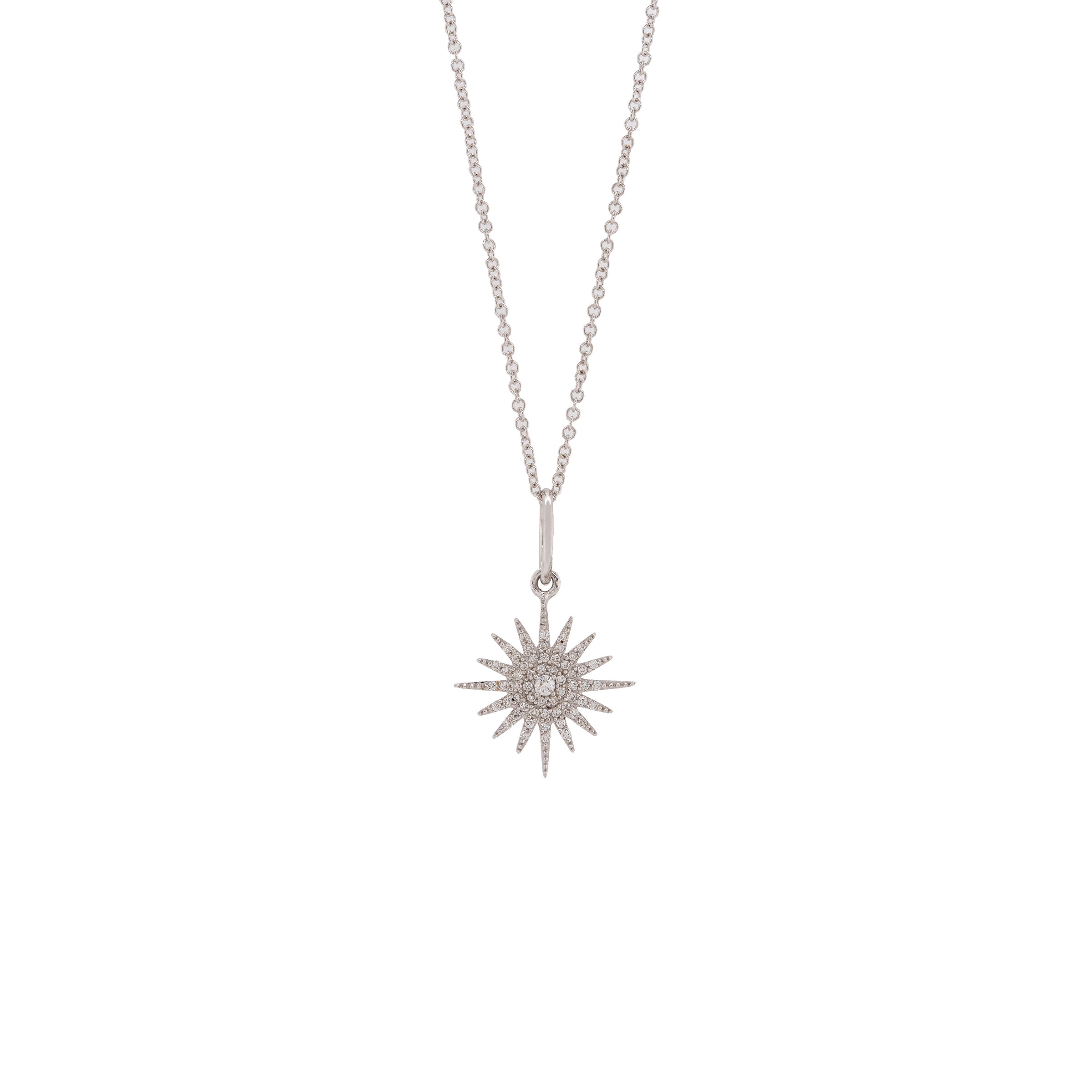 Small Sunburst Diamond Necklace: Silver necklace with a 14K white gold sunburst pendant design