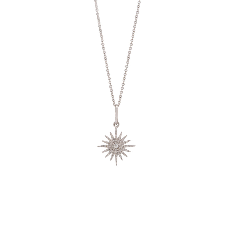Small Sunburst Diamond Necklace: Silver necklace with a 14K white gold sunburst pendant design