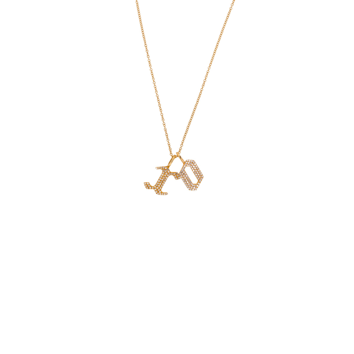 A 14K yellow gold charm necklace with two charms, one with the letter 'X' and another with the letter 'O', on an 18-inch adjustable chain.