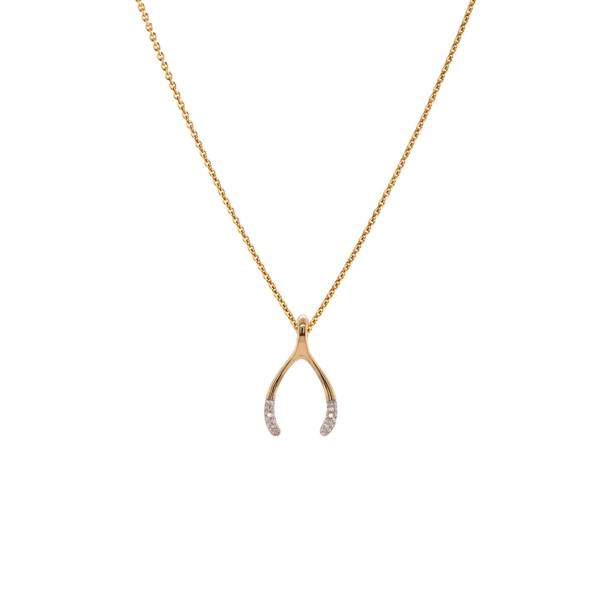 Small Wishbone Necklace: 14K Gold small wishbone necklace on a white background