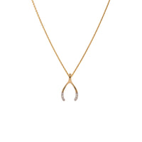 Small Wishbone Necklace: 14K Gold small wishbone necklace on a white background